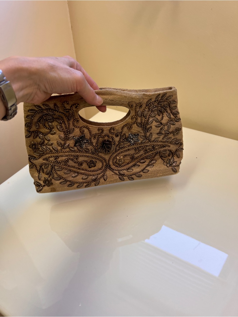 Beaded Embroidered Tan Evening Clutch